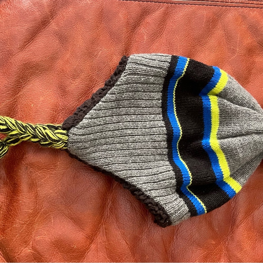 Capelli of New York Kids Gray Knit Earflap Hat with Blue and Yellow Stripes